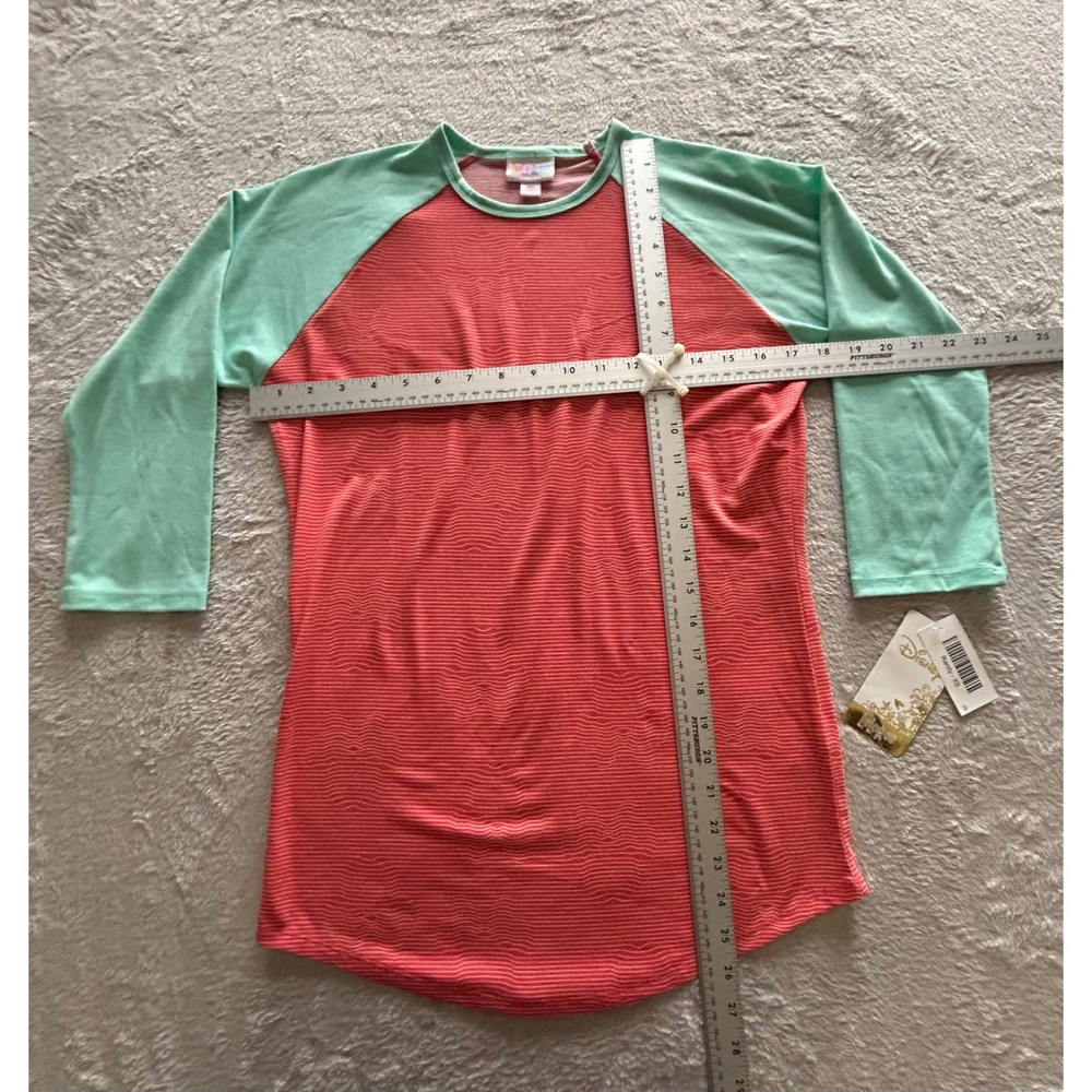 LuLaRoe Disney Randy Baseball Tee Coral Pink Mint Green Wavy Stripe XS New - Picture 7 of 9